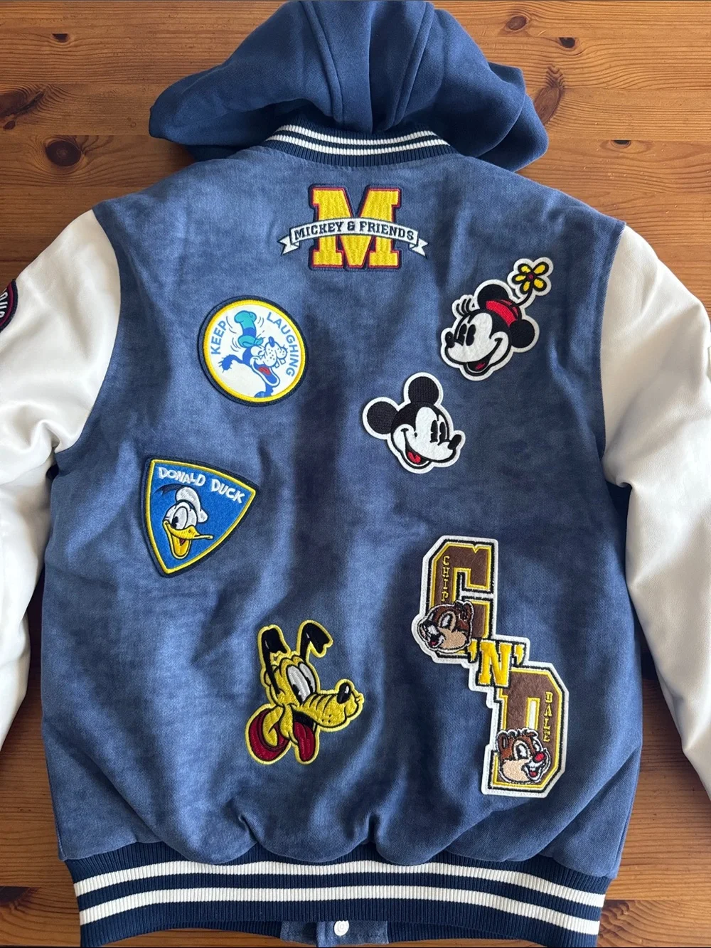 Disney Navy & White Mickey Youth Varsity Hooded Jacket with Embroidery Patches